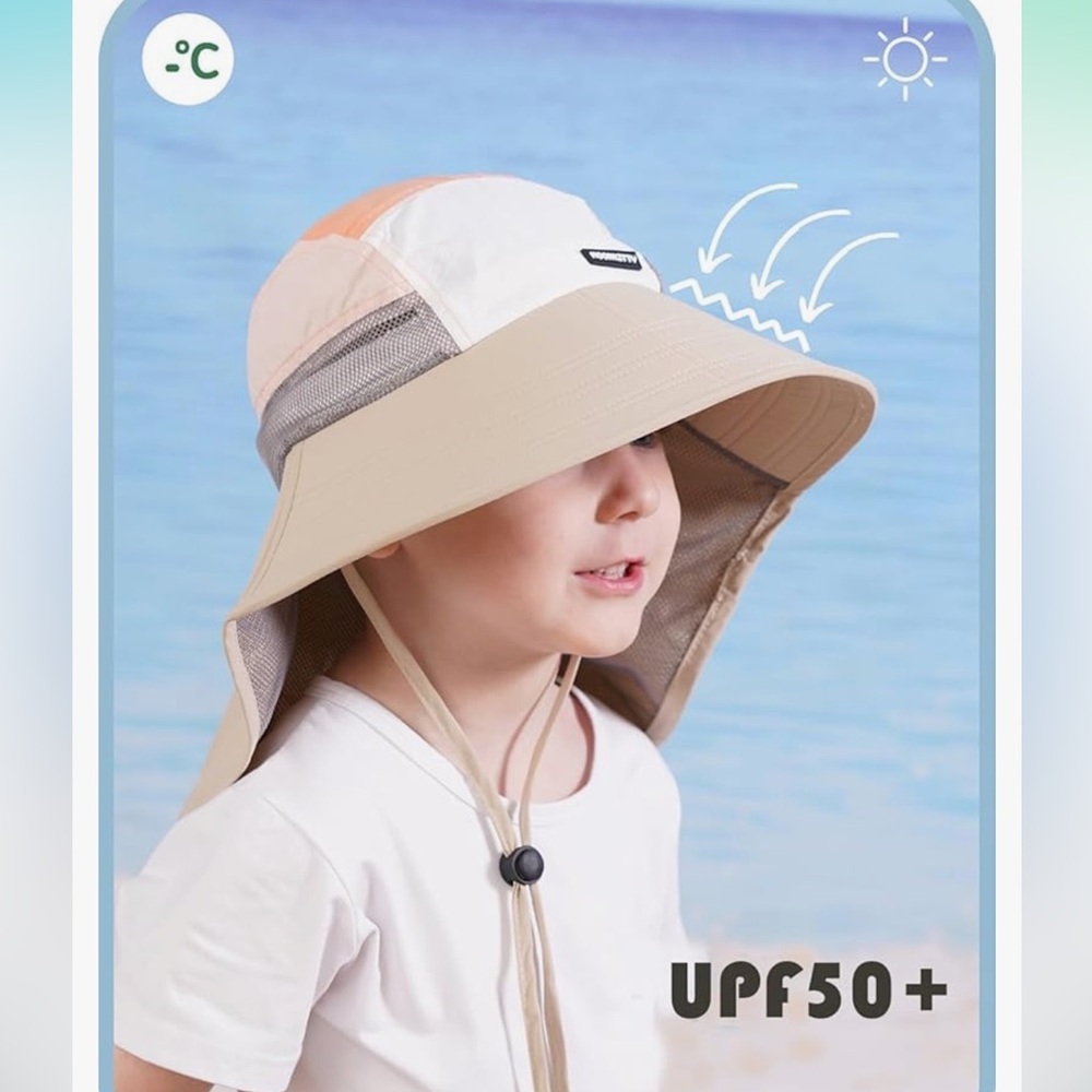 Moon Kitty Kids Sun Hat with Neck Flap - Beige, White, and Orange - Picture 2 of 11